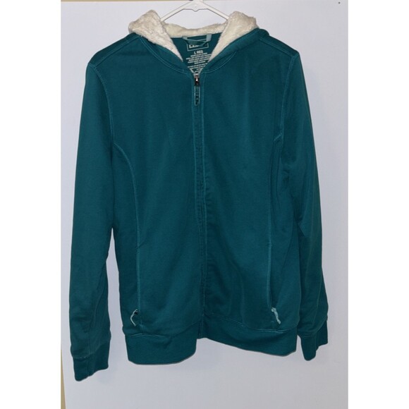 L.L. Bean Sherpa Woman Lined Green Zip Up Large Hoodie Jacket Pockets CHEST 42" - Picture 1 of 15